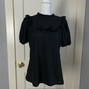 Black Puff Sleeve Eyelet Ruffle Blouse Cottagecore Gothic Romantic Top M